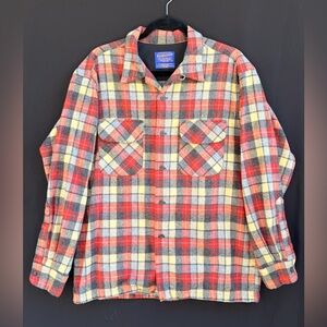 Pendleton Red and Yellow Plaid Wool Board Shirt Loop collar Virgin Wool VTG